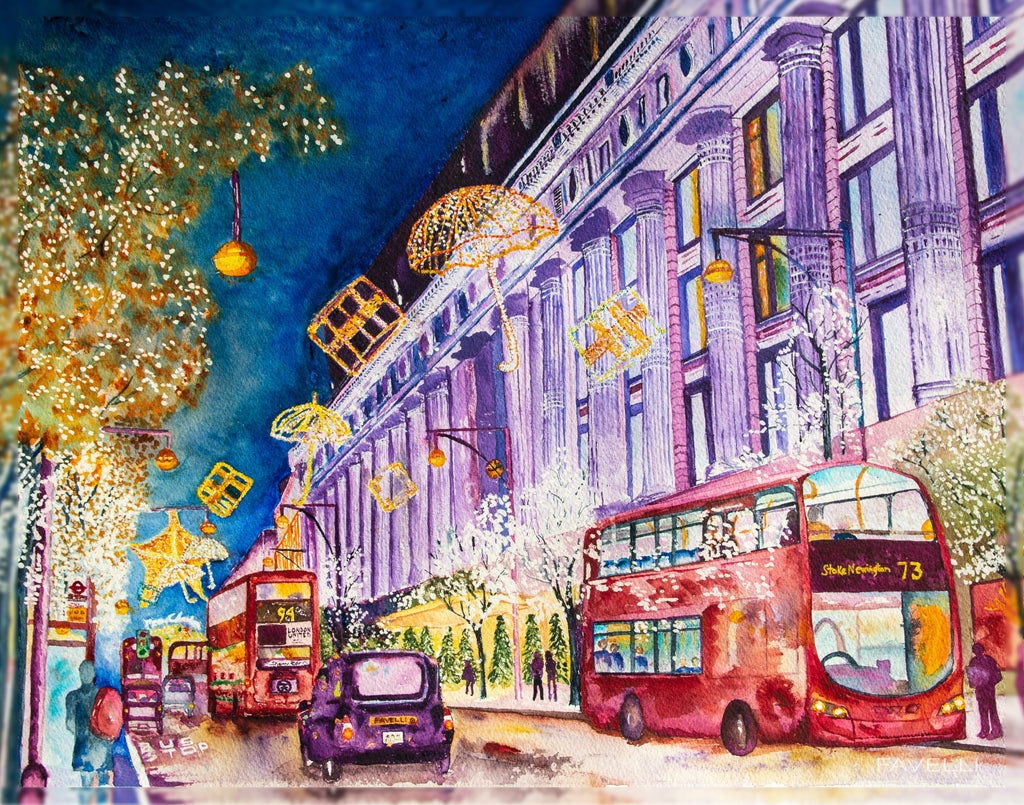 Favelli Home wall art artwork canvas poster photography print home décor living room bedroom color interior design blue purple gold London Christmas Oxford piccadilly circus bus winter holiday