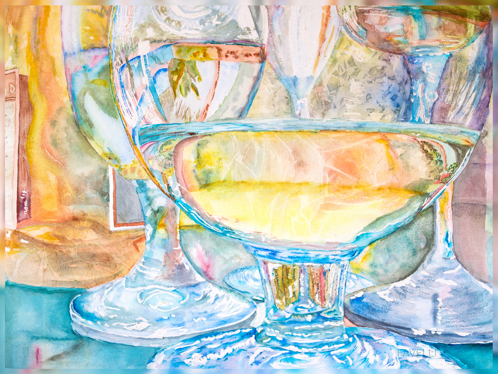 Favelli Home wall fine art artwork print watercolor   wine glass gold yellow teal blue champagne drinking friends 