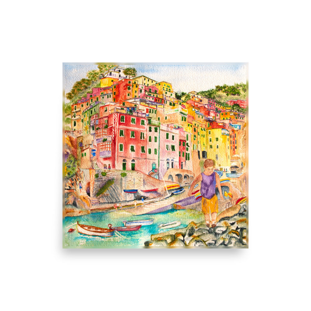 Favelli Home watercolor wall art artwork canvas poster photography print home décor living room bedroom color interior design coastal Italy cinque terre seaside village orange red yellow boat