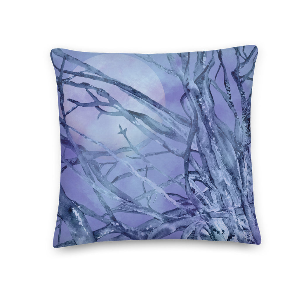 Favelli Home throw pillow cover decorative accent fundas cojines decorativos art modern bedroom living room home décor couch sofa full moon forest fog magic moody blue tree branch 18x18