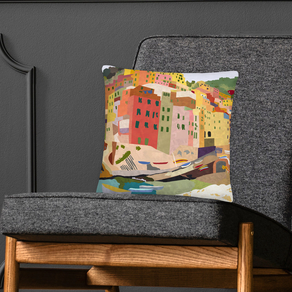 Favelli Home throw pillow cover decorative accent fundas cojines decorativos art modern bedroom living room home décor couch sofa coastal Italy cinque terre seaside village orange red yellow boat lumbar