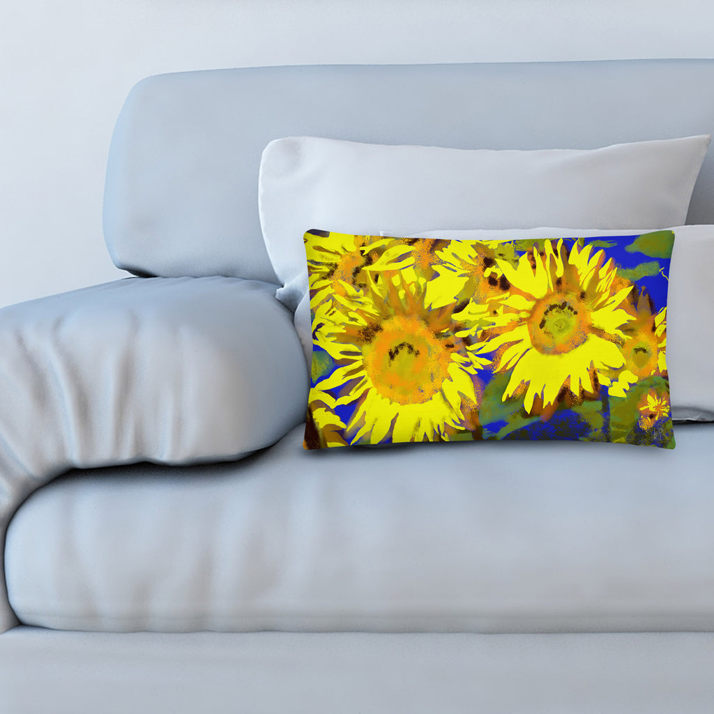 Favelli Home 'Sunburst' Sunflower Throw Pillow, Provence Flower Floral Decorative Art Accent Pillow, Yellow-Blue, Cojines Fundas Decorativos