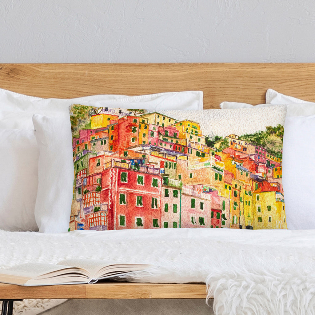 Favelli Home throw pillow cover decorative accent watercolor art modern bedroom living room home décor couch sofa coastal Italy cinque terre seaside village orange red yellow boat 18x18