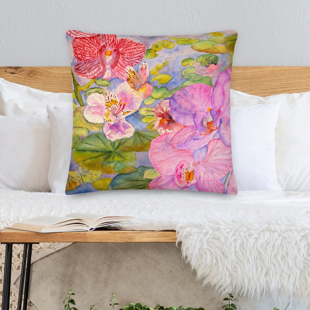 Favelli Home throw pillow cover decorative accent case cushion square fundas cojines decorativos art modern bedroom living room home decor couch sofa sala cama watercolor pink orchid lily pad pond flower floral 22x22
