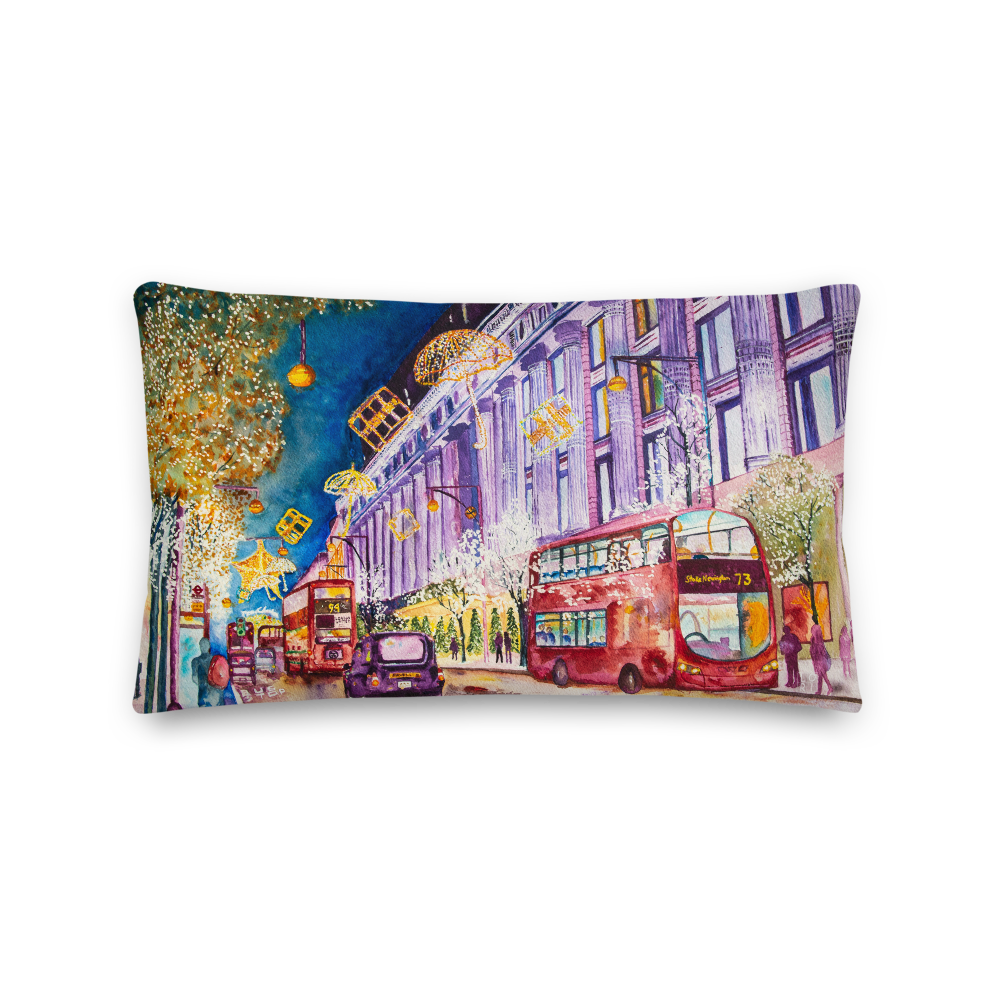 Favelli Home throw pillow cover decorative accent fundas cojines decorativos watercolor art bedroom living room home decor blue purple gold London Christmas oxford piccadilly circus bus winter holiday