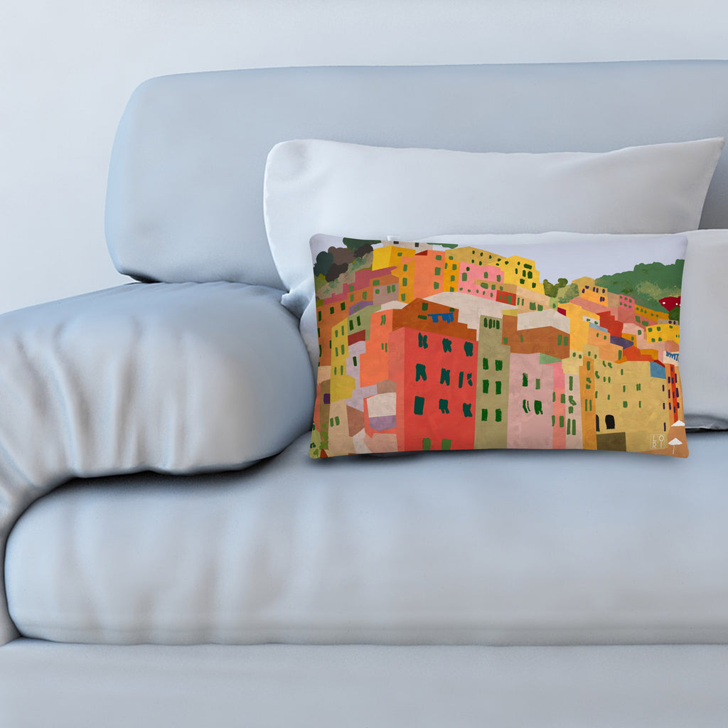 Favelli Home throw pillow cover decorative accent fundas cojines decorativos art modern bedroom living room home décor couch sofa coastal Italy cinque terre seaside village orange red yellow boat lumbar