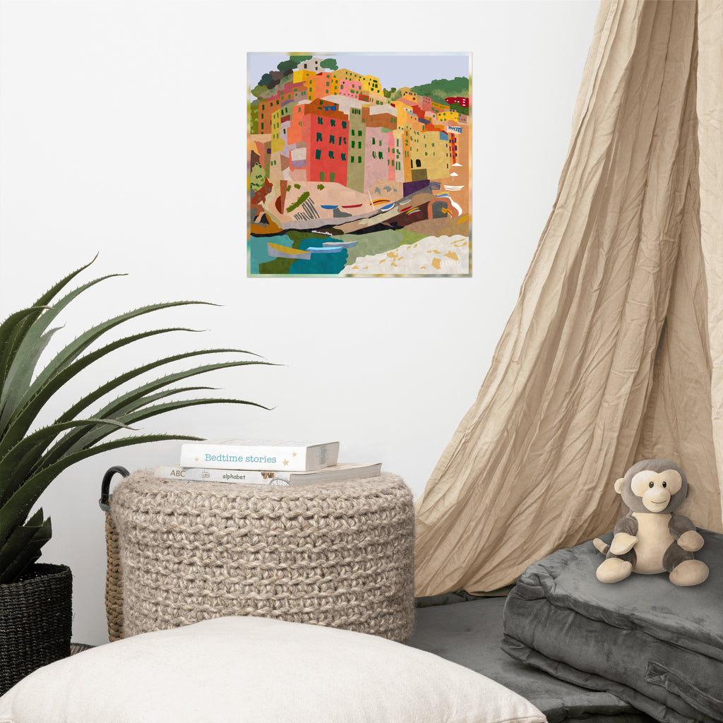 Favelli Home wall art artwork canvas poster photography print home décor living room bedroom color interior design coastal Italy cinque terre seaside village orange red yellow boat