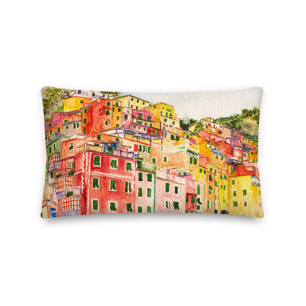 Favelli Home throw pillow cover decorative accent watercolor art modern bedroom living room home décor couch sofa coastal Italy cinque terre seaside village orange red yellow boat 18x18